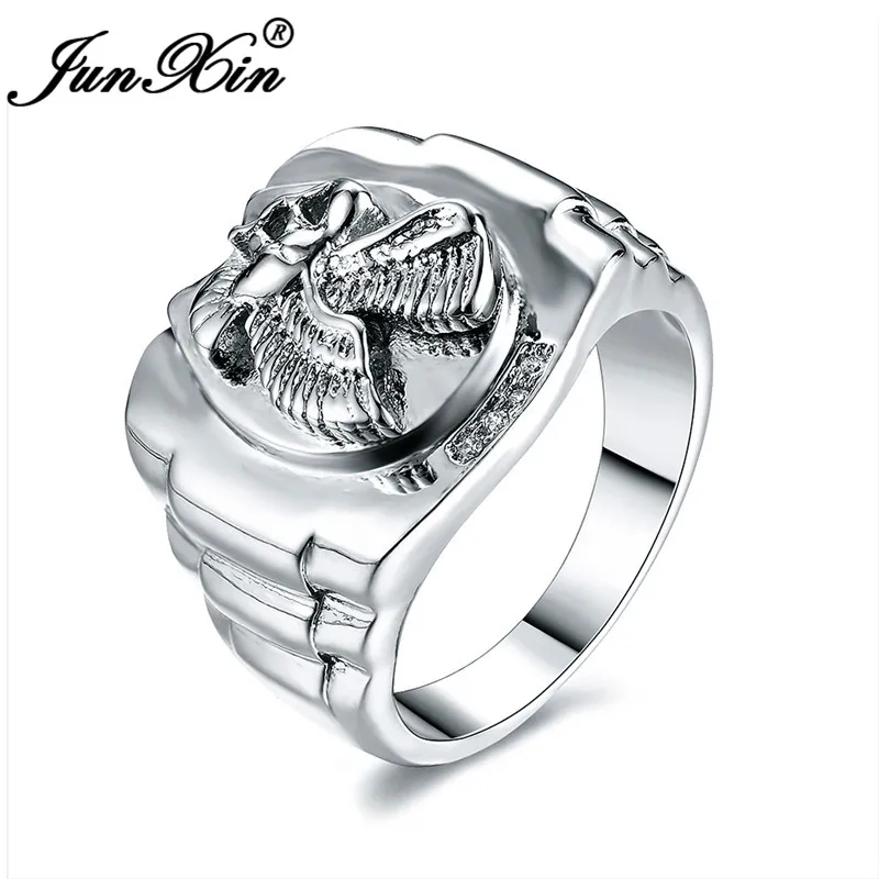 JUNXIN Gorgeous Eagle Rings For Men Women 925 Sterling Silver Filled Male Power Symbol Wide Thumb Finger Ring Inlay Zircon Gift