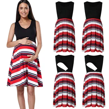 

Maternity Dresses Women Pregnant Nursing Sleeveless Stripe Print Patchwork Dress Robe Grossesse Ropa Premama Summer Clothing