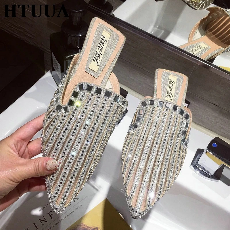 

HTUUA Crystal Glitter Mules Shoes Women Breathable Mesh Flat Heel Slides Ladies Summer Shoes Woman Outside Slip On Sandal SX2811