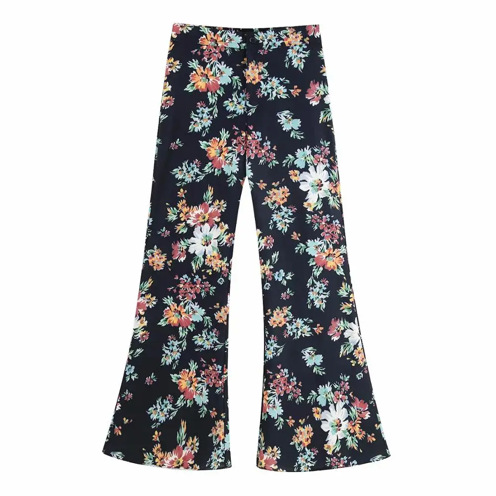 

2019 Women Vintage Chic Flower Printing casual Loose flare pants long Trousers mujer Leisure back pocket slimming Pants P510