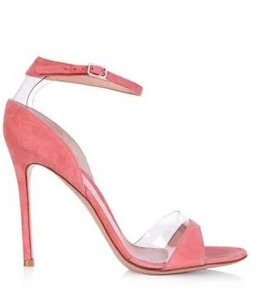 

Pink grey peep suede toe high thin heel front and back transparent side buckle strap pumps for woman in summer high quality
