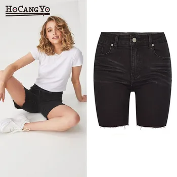 

Spring Summer Women High Waist Jeans Stretch Knee Length Women Short Jeans Cotton Vintage Skinny Black Short Pants Washed