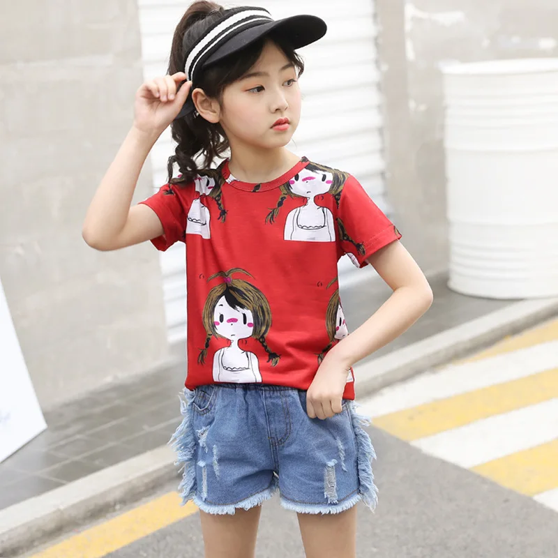 

Girls Set 2019 Summer New Cotton Round Neck Short Sleeve Cartoon T-Shirt Flowing Broken Jeans Girls Set