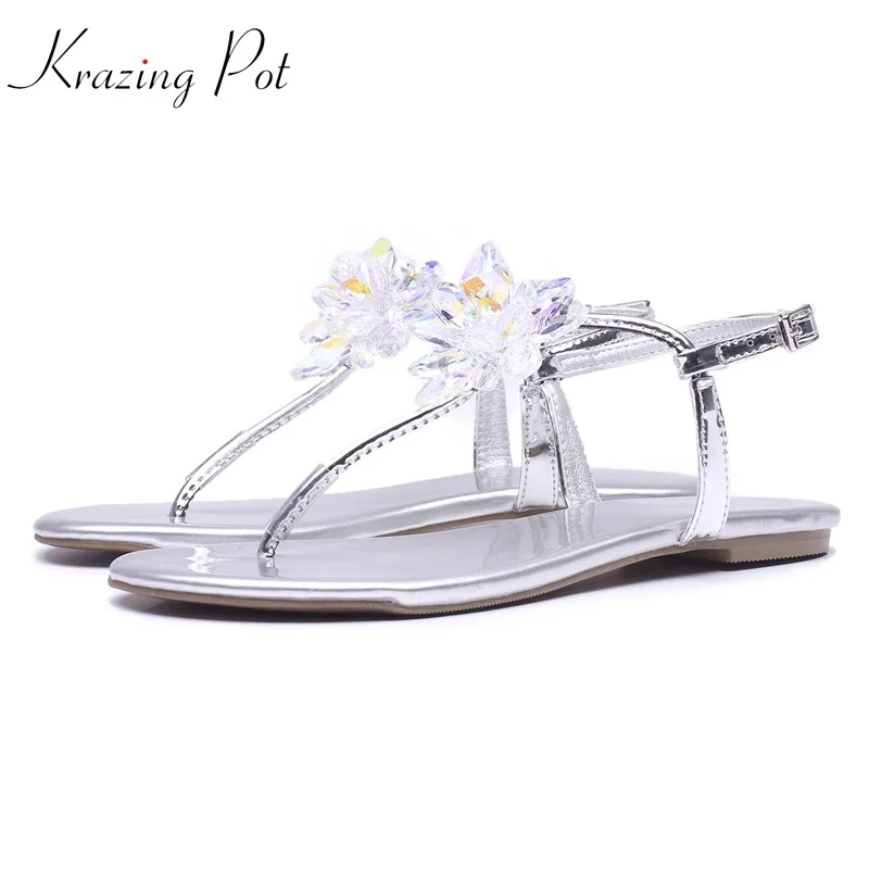 

Krazing pot 2018 transparent jelly shoes flat with women sandals flip flop metal buckle party gorgeous crystal flowers shoes L96
