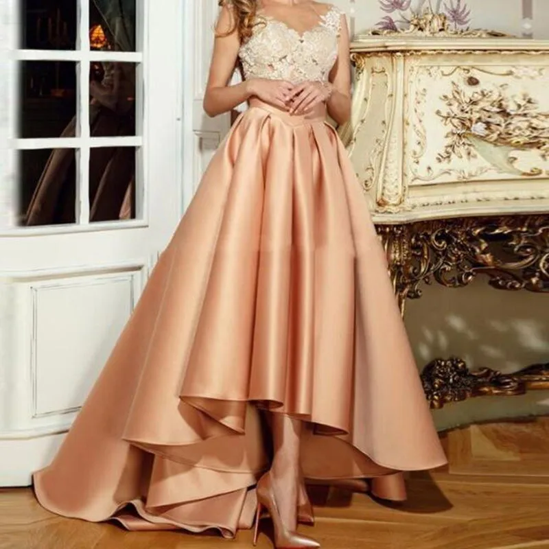 

Red Carpet Elegant Long Skirt Champagne 2019 Saia New Arrival Skirt Women Faldas Pleated Hi Low Formal Party Skirt Floor Length