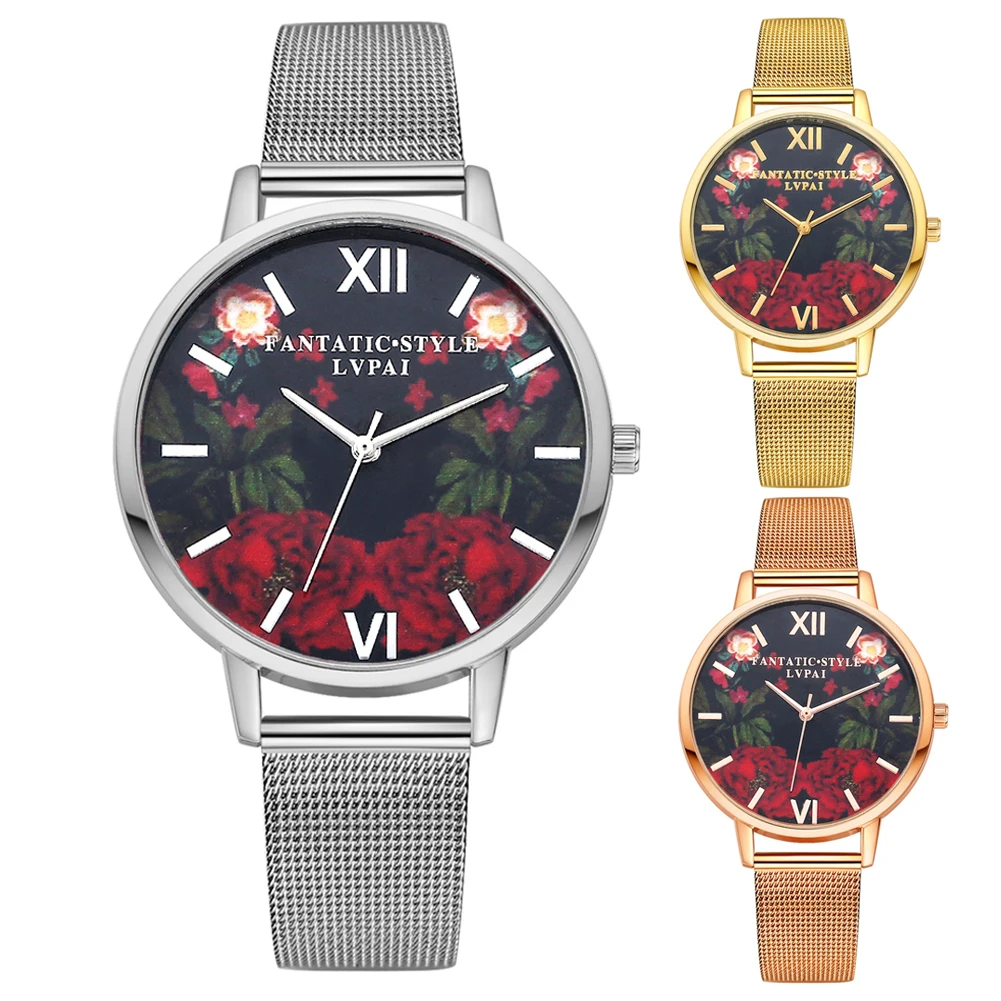 2018 стильный Дизайн цветок печати любителей/пара пояс сетки часы кварцевые часы 1.54 "Для мужчин/Для женщин Повседневное наручные часы