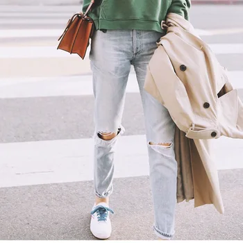 

2019 new comfortable and simple stretch knee hole washed white jeans