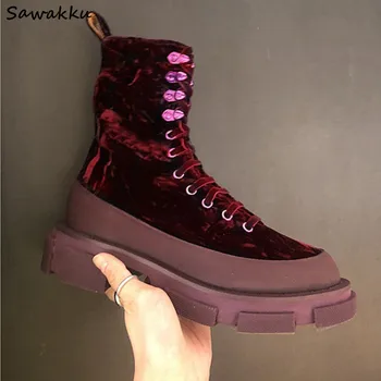 

Fashion Style Women Ankle Wedge Boots Autumn Winter Real Leather Lace Up Martin Boots British Style Army Platform Shoes Woman