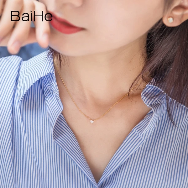 BAIHE Solid 18 K желтого золота 0.12ct Сертифицированный H/SI натуральный бриллиант женские модные ювелирные изделия Элегантные ожерелья