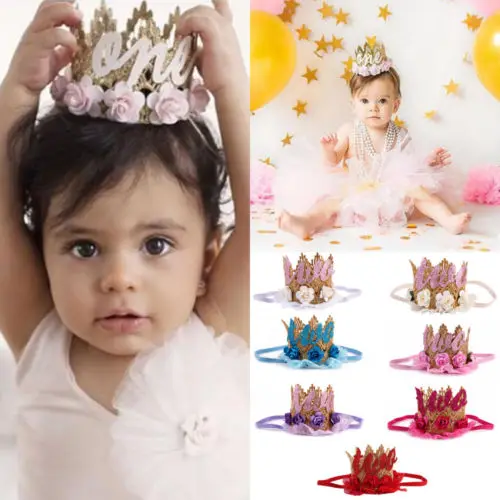 Birthday Crown Flower Tiara Headband for Baby Girls Party Hair Accessories