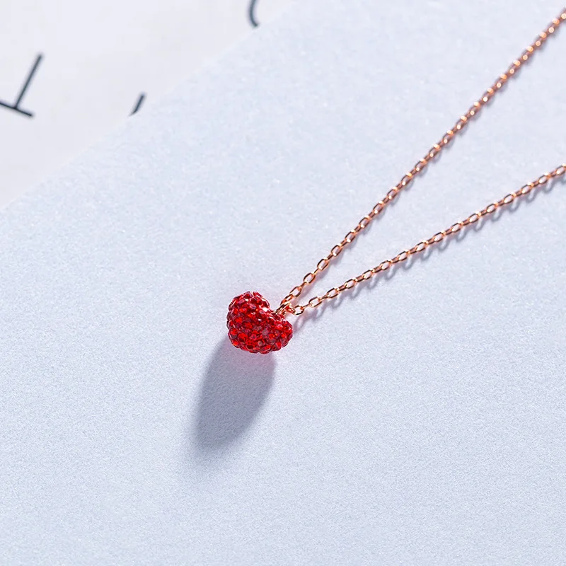 

Rose Gold Color Plated Red Rhinestone Heart Pendant 925 Sterling Silver Chain Necklace for Women Girls Fashion CZ Crystal Bijoux