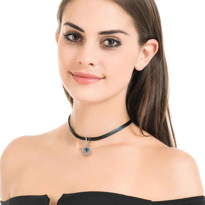 Austrian Crystal Moon and Star Crystal Pendant Short Necklace for Women Rhinestone Black Leather Choker Necklace Charming Gifts - Image 4