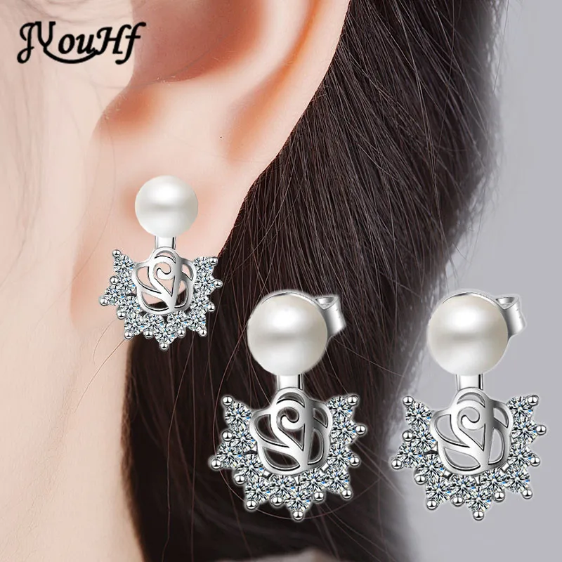 

JYouHF Flash Shining Cubic Zirconia 925 Sterling Silver Women Earrings Luxury Rose Flower Imitation Pearl Stud Earrings Brincos