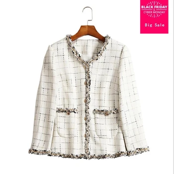 

Elegant Vintage Women's Appliques Long Sleeve Plaid Jacket 2019 new Three Quarter slim coats short Tweed Jacket gx305