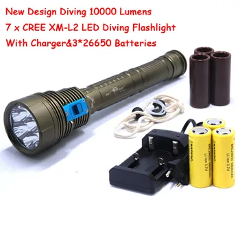 

New Design Waterproof 10000 Lumens 7 x XM-L2 LED Diving Flashlight UnderWater 200m Light Lamp + 3*26650 Battery + Charger