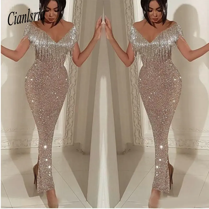 

2019 Shiny Sequins Mermaid Prom Dresses Elegant Off Shoulder Tassel Gowns Trumpet Ankle Length Split Cocktail Party Gown