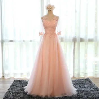 

Hot Sell Long Prom Dresses 2018 With lace tulle formal Three Quarter vestido de festa longo fast shipping Prom evening Gowns