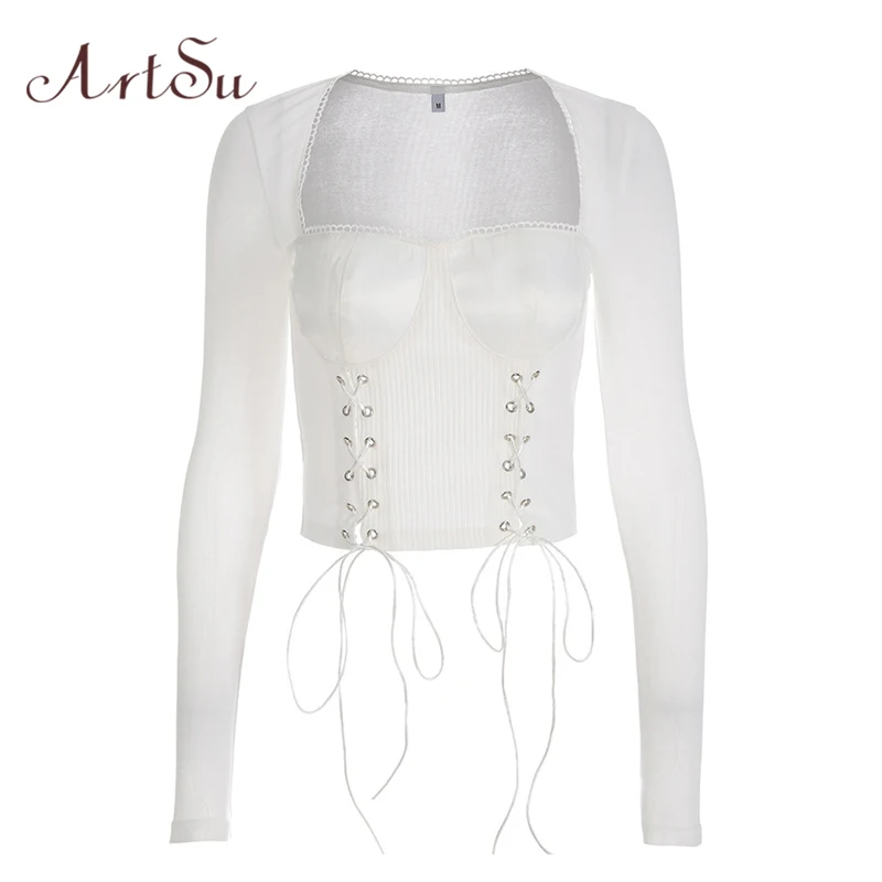 Comprare ArtSu Nero Bianco della maglietta Delle Signore Lace Up Sexy Vintage Tee Shirt Femme Manica Lunga Maglietta di Base Crop Top Delle Donne vestiti ASTS20608