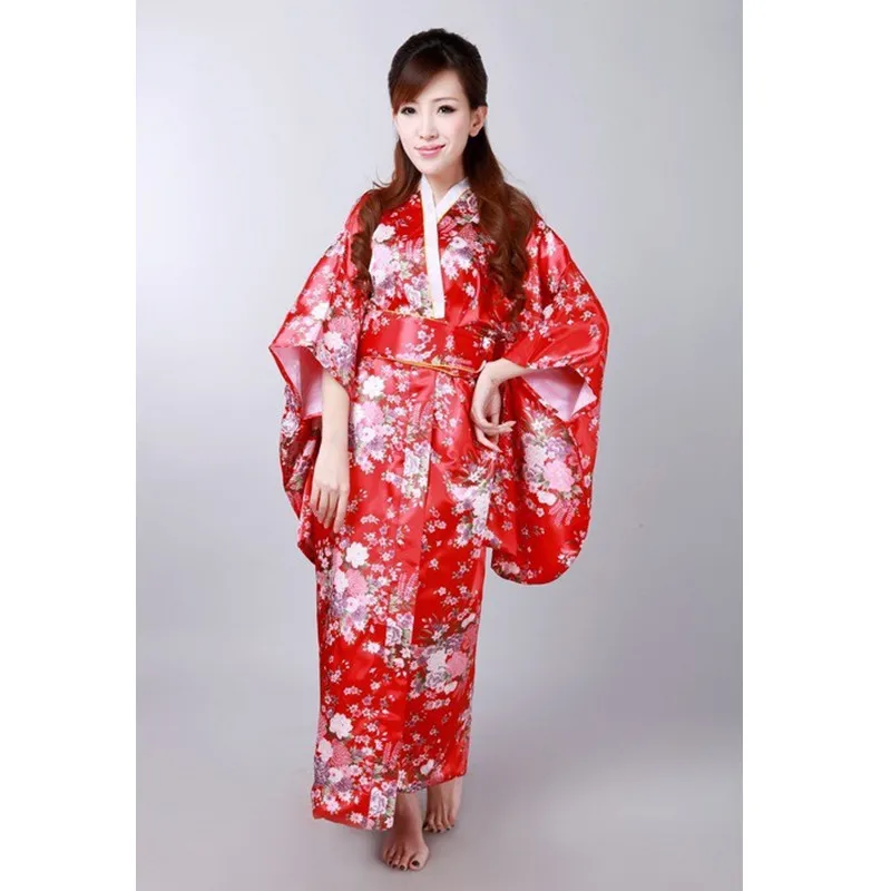 Японский национальный Для женщин Красный атласное кимоно юката с Оби традиционный вечернее платье новинка Хеллоуин костюм один размер