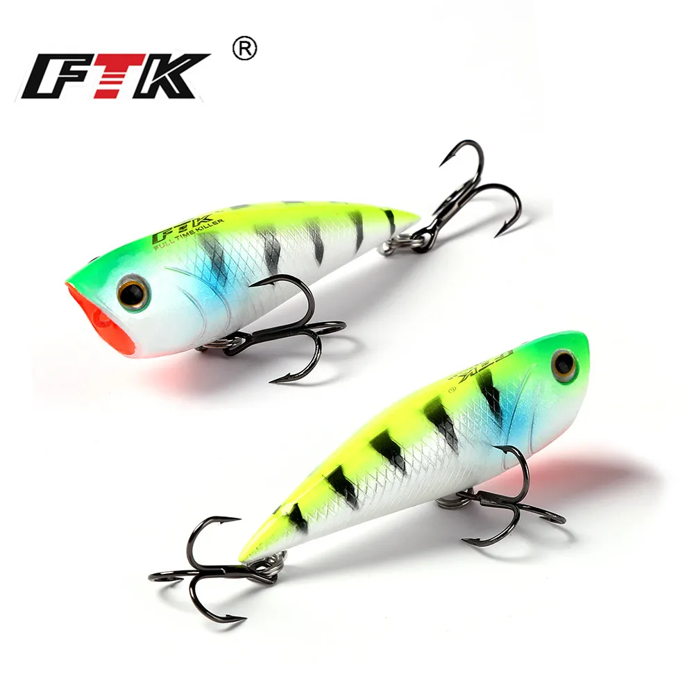 

FTK Popper Fishing bass Lure 70mm 6# high carbon steel Treble hook 3D Lifelike Eyes Crankbait Wobblers Tackle Floating Topwater