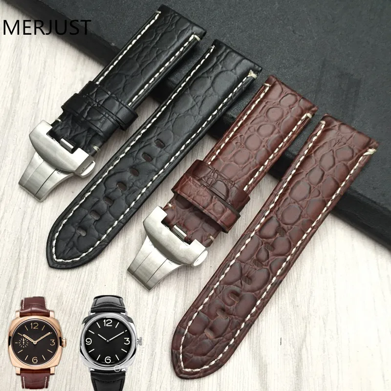 

24mm Handmade Stitched Genuine Calf Leather Watch Strap Band For deployment buckle Watchband Strap for Panerai PAM Send too