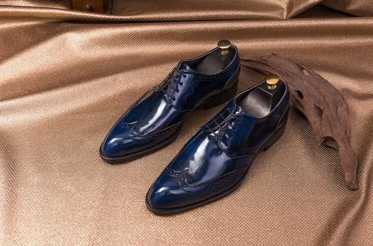 

Men's Dress Shoes Lace Up Goodyear Handmade Genuine Patent Leather Pointed toes Smart Casual Carved Brogues Wedding Flats Oxford