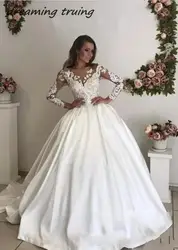 2019 Винтаж элегантный атласный свадебное турецкое платье бальное платье с длинным рукавом О образным вырезом кружево Свадебные платья для