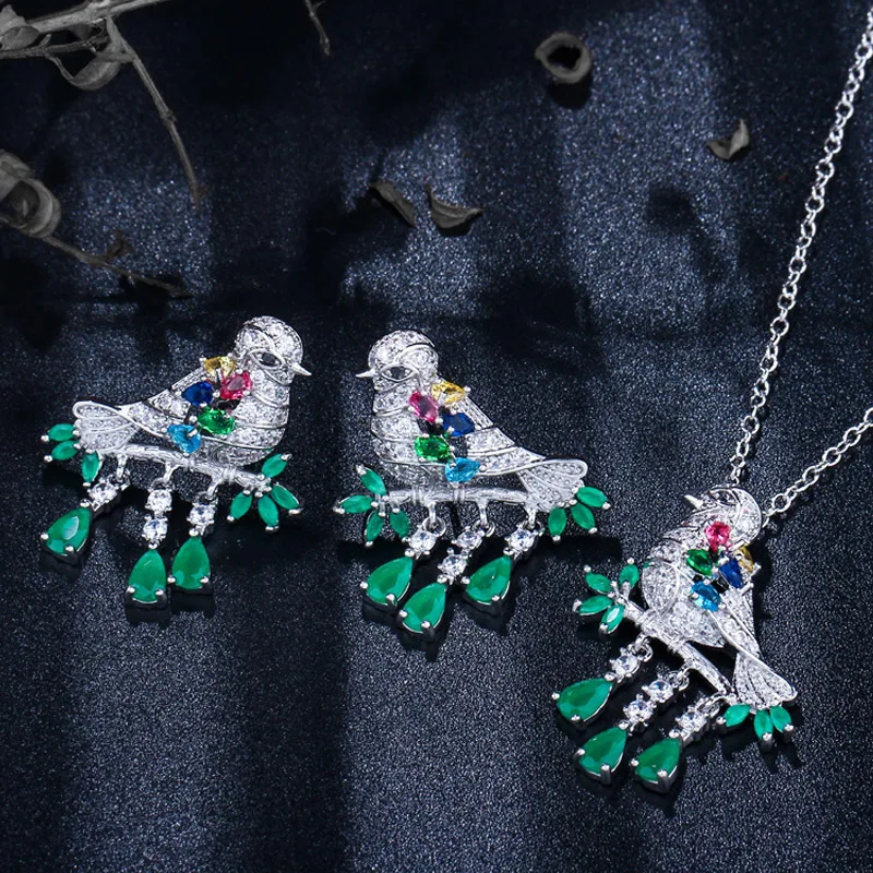 CWWZircons высокое качество капли воды зеленый CZ Кристалл ожерелье и серьги Мода животных Птица набор украшений для женщин подарок T217
