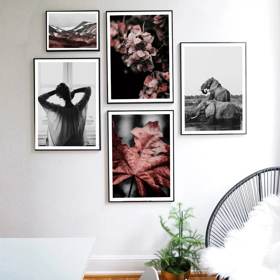 

Red Plant Leaf Black White Girl Elephant Wall Art Canvas Painting Nordic Posters And Prints Wall Pictures For Living Room Decor