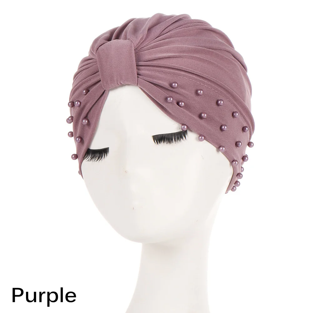 1 шт. однотонная модная женская хлопковая бисероплетенная индийская гофрированная эластичная чалма мусульманская шапка после химиотерапии Шапка; тюрбан мягкий колпак для сна Beanie Hijabs - Цвет: purple