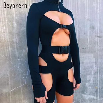 

Beyprern Sexy Cut Out Turtleneck Unitard Buckle Jumpsuit Rompers Runway Fluorescent Buckle Womens Catsuits Workout Overalls