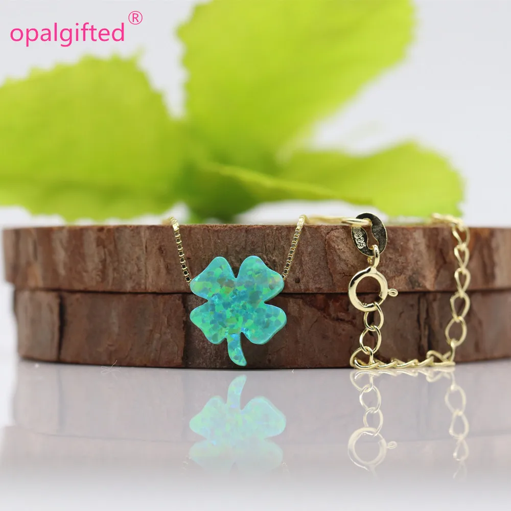 

(1pc/lot)925 Sterling Silver opal clover Flower Charm Necklace Jewelry Luxury Fire Green Opal Birthstone Pendants For Women gift
