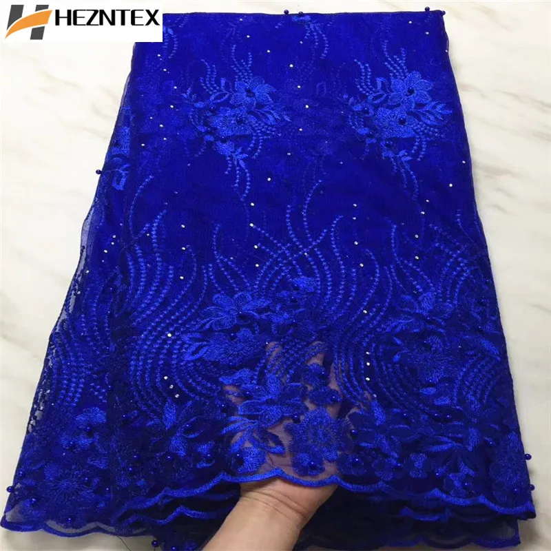 

Latest Royal Blue French Swiss Voile Laces Fabrics High Quality African Tulle Laces Fabric French Mesh Laces With Beads PLA47-1
