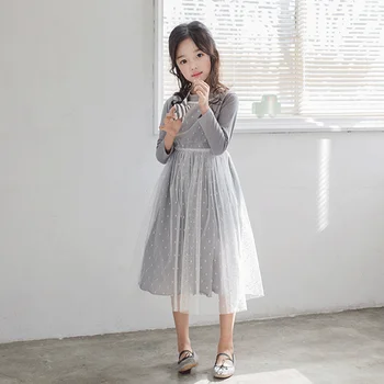 

2020 New Kids Autumn Dress White Dot Lace Dress Gray Color Girls Two Piece Dress Set Baby Princess Dress Children Set,#3501