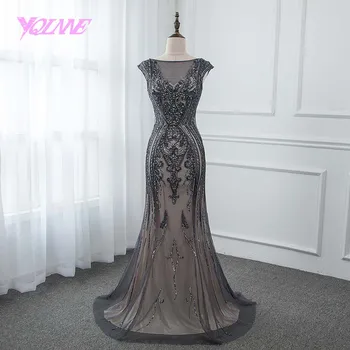 

YQLNNE 2018 Gray Crystals Long Mermaid Prom Dresses Backless Party Dress