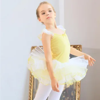 

Yellow/ Pink Ballet Leotard Dress Girls Cute Ballet Dance Practice Costumes Kids Short Sleeve Ballet Tutu Skirt