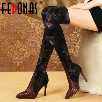 

FEDONAS Retro Women Autumn Winter Warm Over The Knee Boots Pointed Toe Tight Thin High Heels Socks Boots New Dancing Shoes Woman