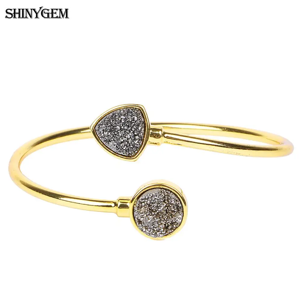 Браслеты ShinyGem, винтажные, сверкающие, Druzy, с кристаллами, открытые, позолота, треугольник, Круглый, натуральный, Druzy камень, браслет, браслеты для женщин - Окраска металла: Silver