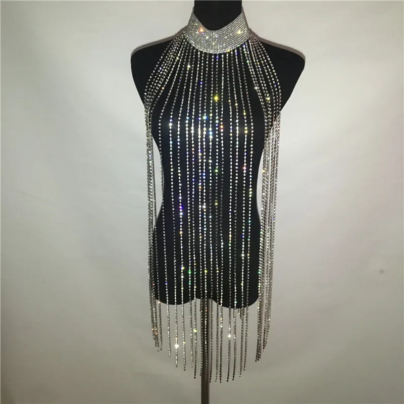 Women Sexy Rhinestone Nightclub Mini Dress Choker Halter Gold Silver Tassel Diamond Chain See Through Hollow Out Mini Dress