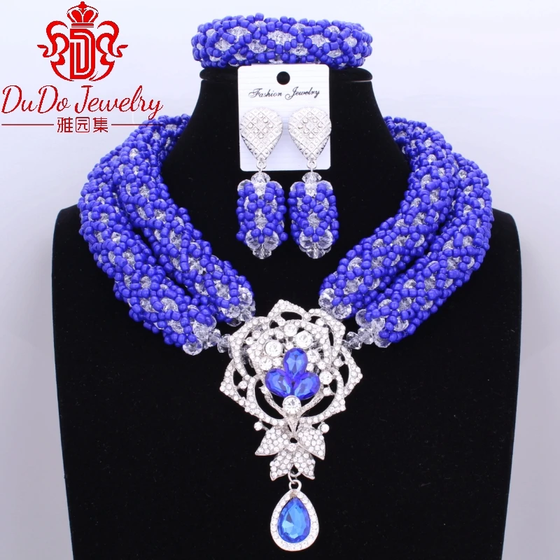 

Big Design African Nogerian Wedding Birdal Jewelry Set Dubai Royal Blue Necklace Set Christmas Party 3Pics Newest Jewellery