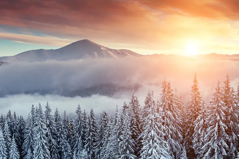 71 Snow Mountain Sunset - Large Wall Mural, Self-adhesive Vinyl Wallpaper, Peel & Stick fabric wall decal