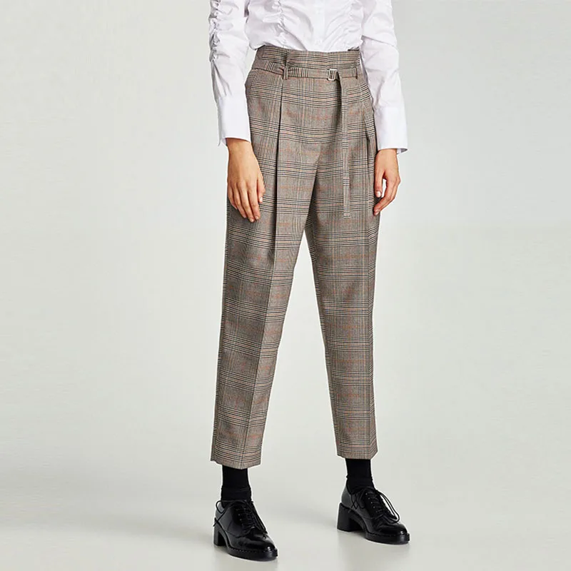 

JuneLove 2018 casual pants women capris houndstooth plaid sashes zipper pants female workwear pants for women bottoms