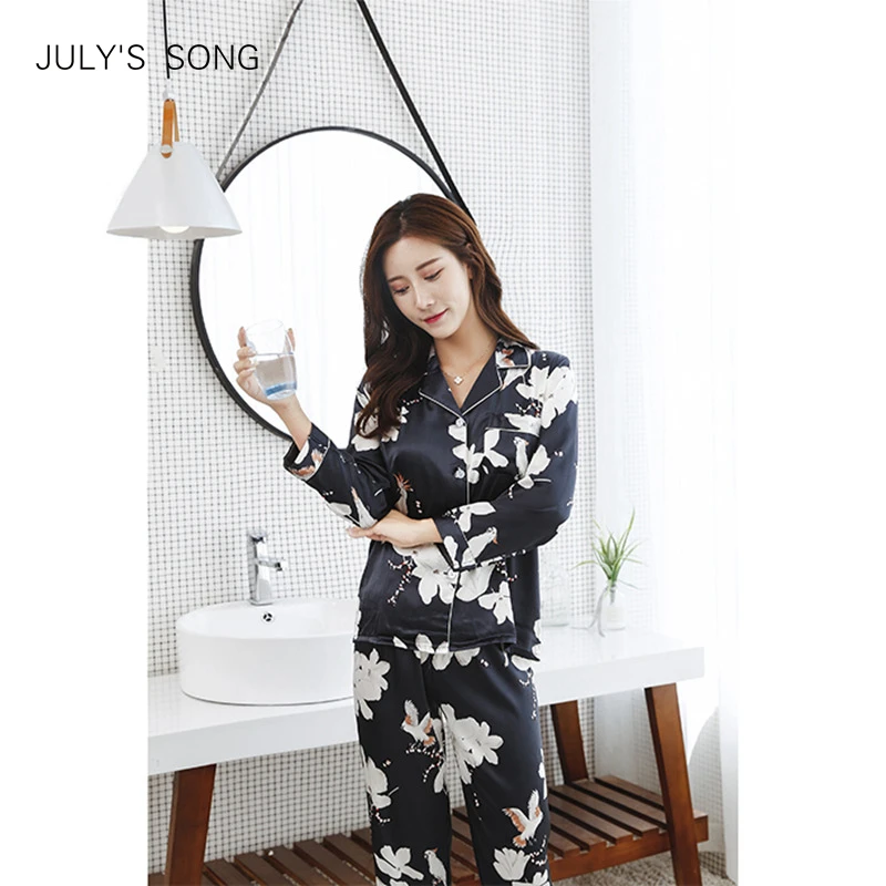 

JULY'S SONG Women Faux Silk Satin Pajamas Set 2 Piece Spring Summer Long Sleeve Sleepwear Pajamas Suit Print Sleep Homewear