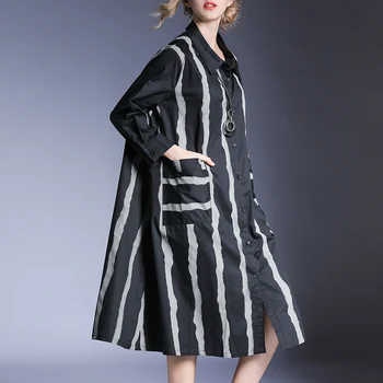 

2020 New Women Girl Spring Dress Mid-long Striped Printed Women's Wear Loose A Shirt Large Size Shirt Dress Girl plus size Gift