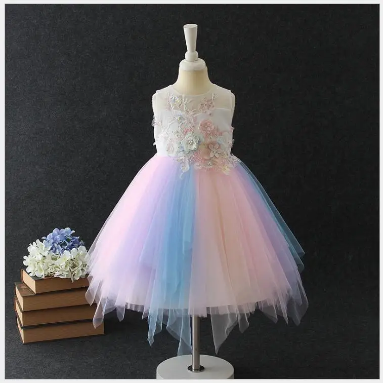 rainbow colors tulle dress princess dress elegant baby girls birthday