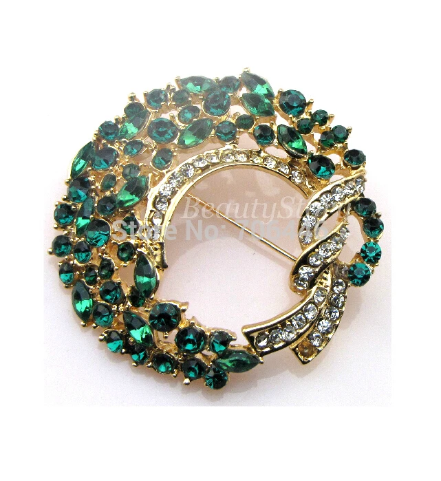 

2 Inch Gold Tone Dark Green Crystal Diamante Wreath Brooch