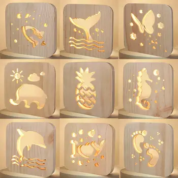 

Animal Fruit Shape 3D Night Light Hollowed Carving Wood Lamp LED Christmas Craft Decorative Lamp USB Night Light