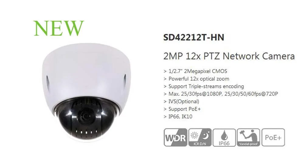 DAHUA 2Mp Full HD 12x Mini Network PTZ Dome Camera IP66 Original English Version without Logo SD42212T-HN