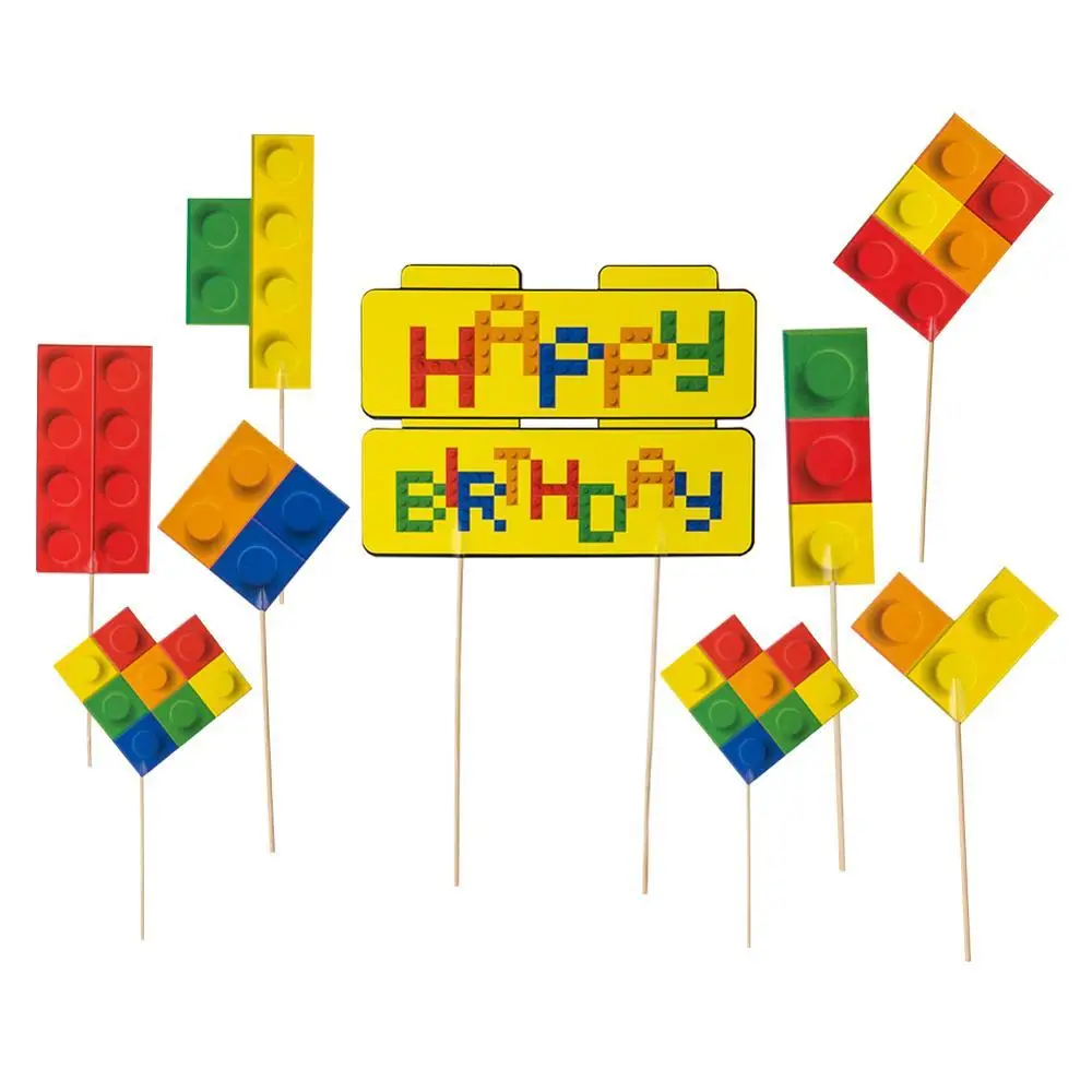 

Set of 9 Building Block Brick Theme Cupcake Topper Kit Happy Birthday Cake Topper Baby Boy First Birthday Party Decorations