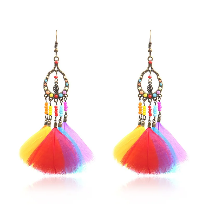 

Vintage Bohemia Hanging Dangle Drop Earrings for Women Color Zinc Alloy Feather Women's Earings with Stone Fashion Jewerly